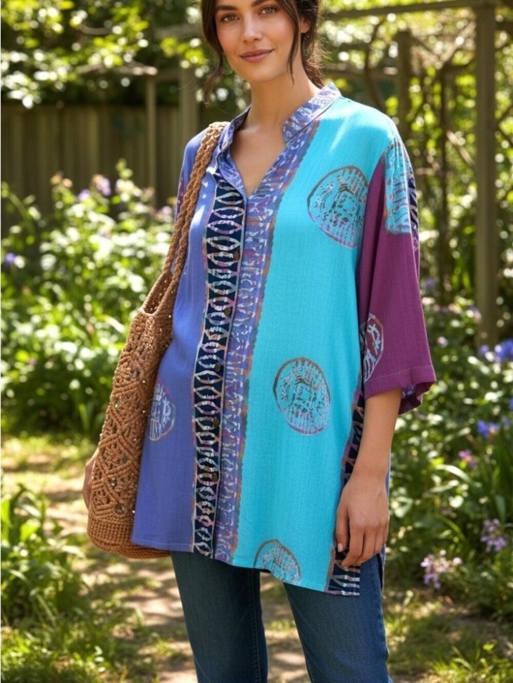 Soft Surroundings 1X Colorblock Rayon Tunic Blouse Blue Purple Artistic Boho Top